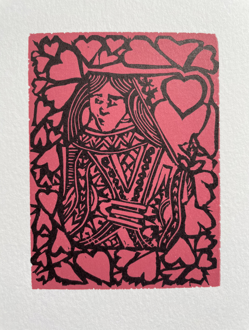 linocut of queen of hearts