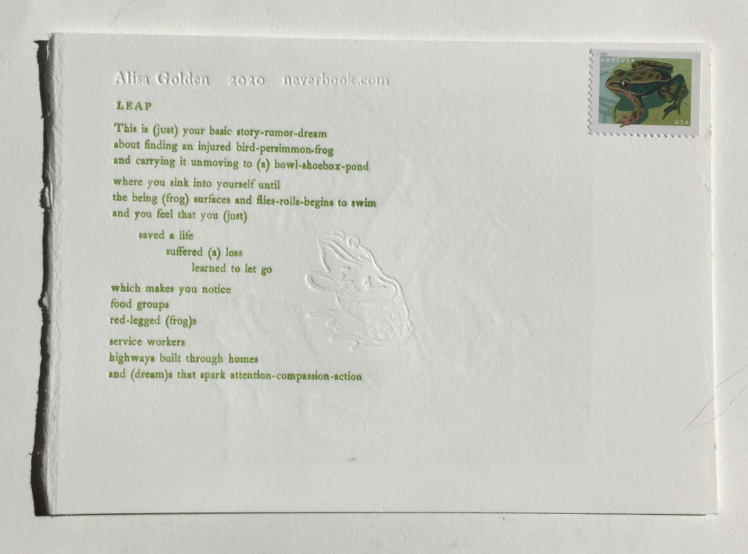 letterpress printed poem with frog postage stamp