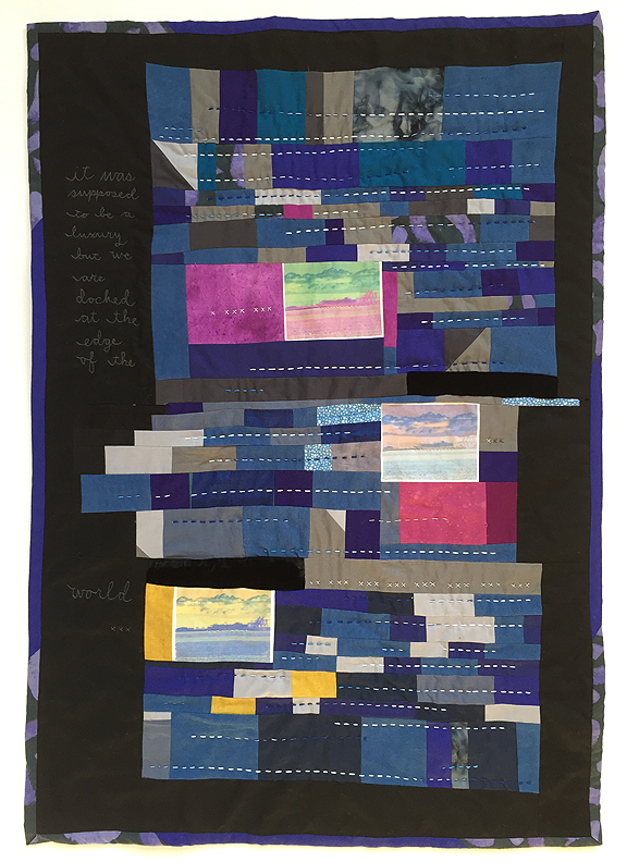 colorful pieced quilt with three photos of docked cruise ship from a distance