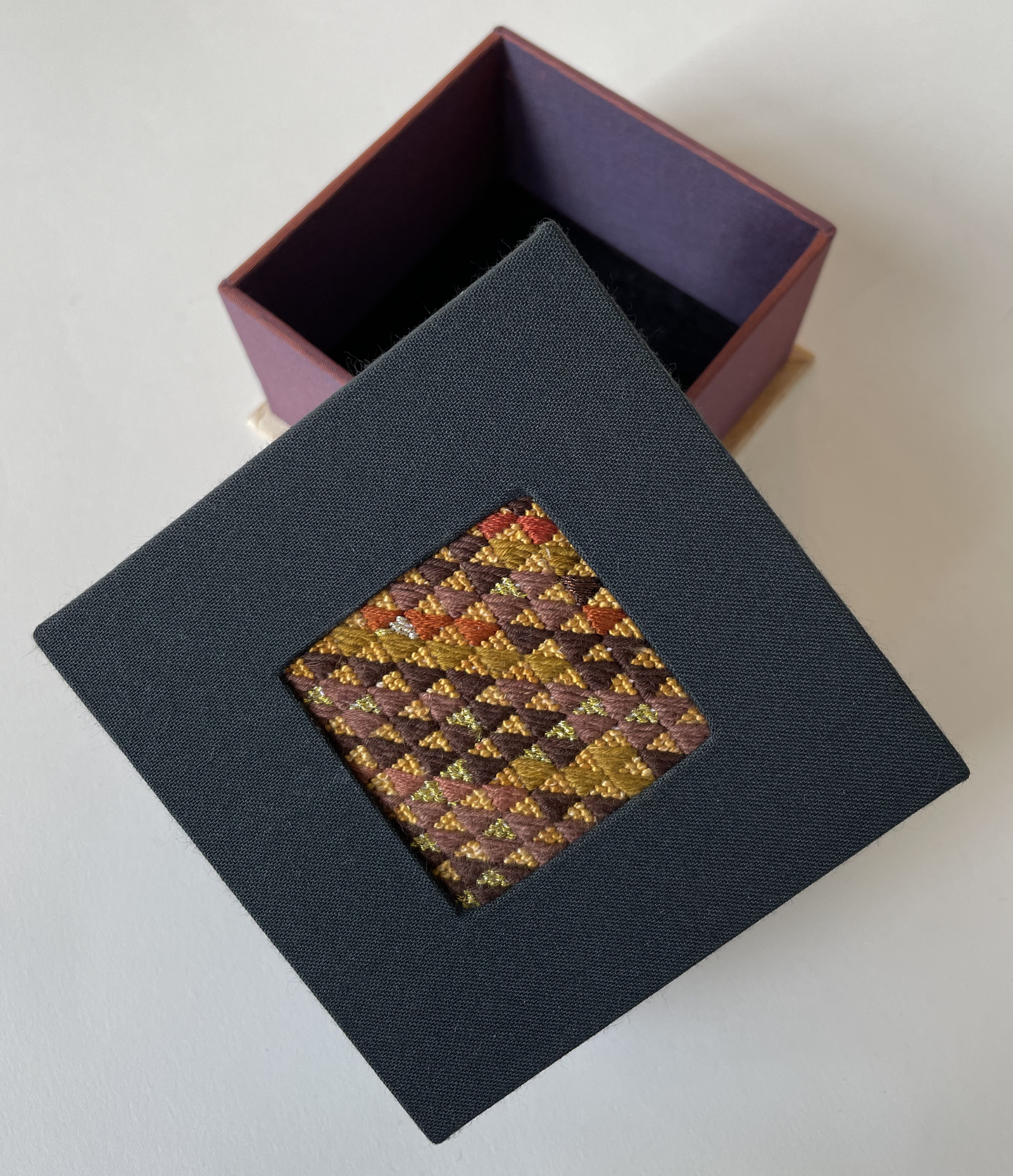 a box with an inset abstract needlepoint of tiny baskets of eggs