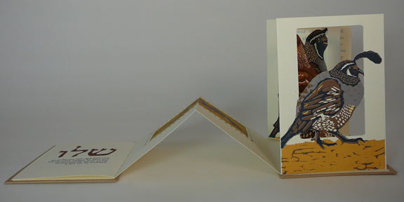 book showing layered quail linocut tunnel