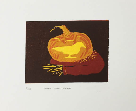print of pumpkin carved with a crow resting on scarecrow arms