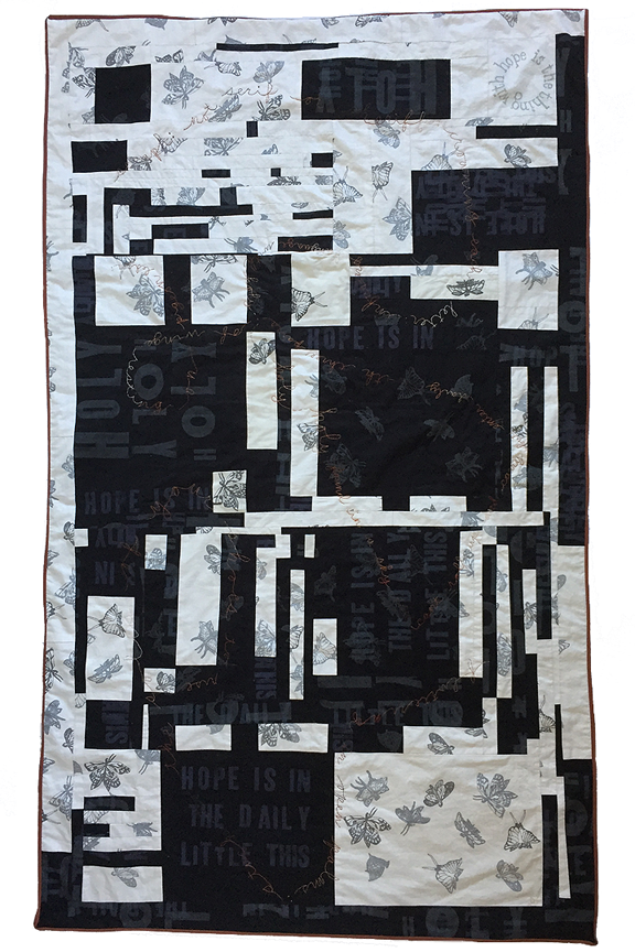 strip quilt with embroidered poem and imaginary angels