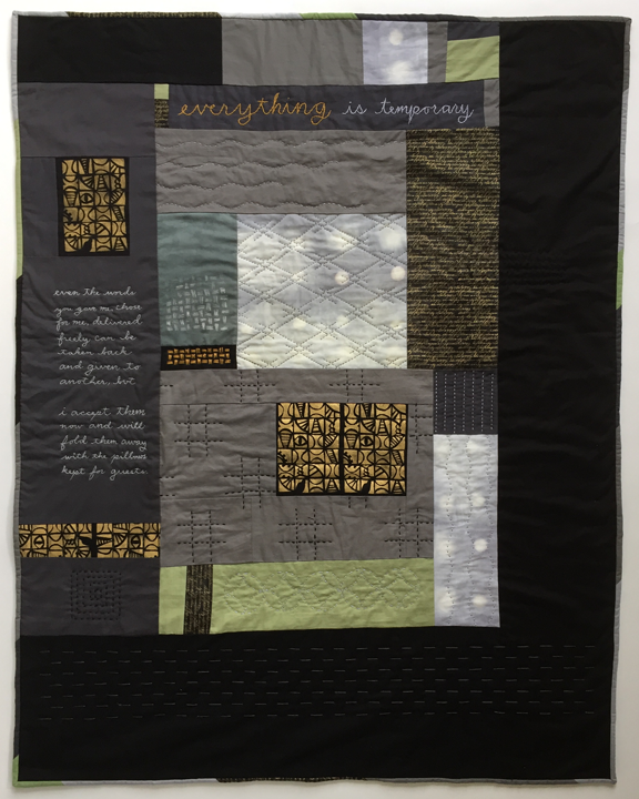 quilt with embroidered poem and mixed stitching
